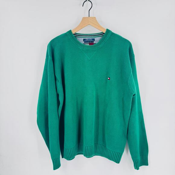 Vintage Tommy Hilfiger Green Cotton Sweater XL Oversized Preppy Unisex - Picture 1 of 6